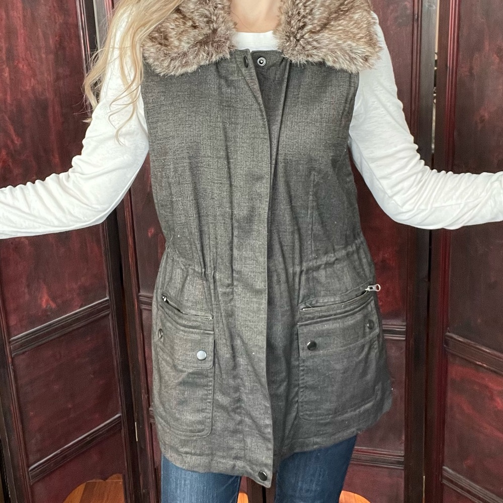 J Jill Utility Tweed vest faux fur adjustable brown size s - Picture 10 of 13